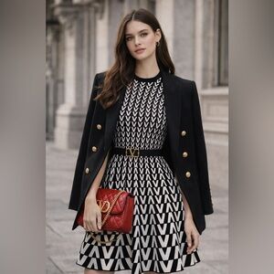 Valentino Garavani V Logo Knit Fit Flare Dress Black White M Italy Designer
